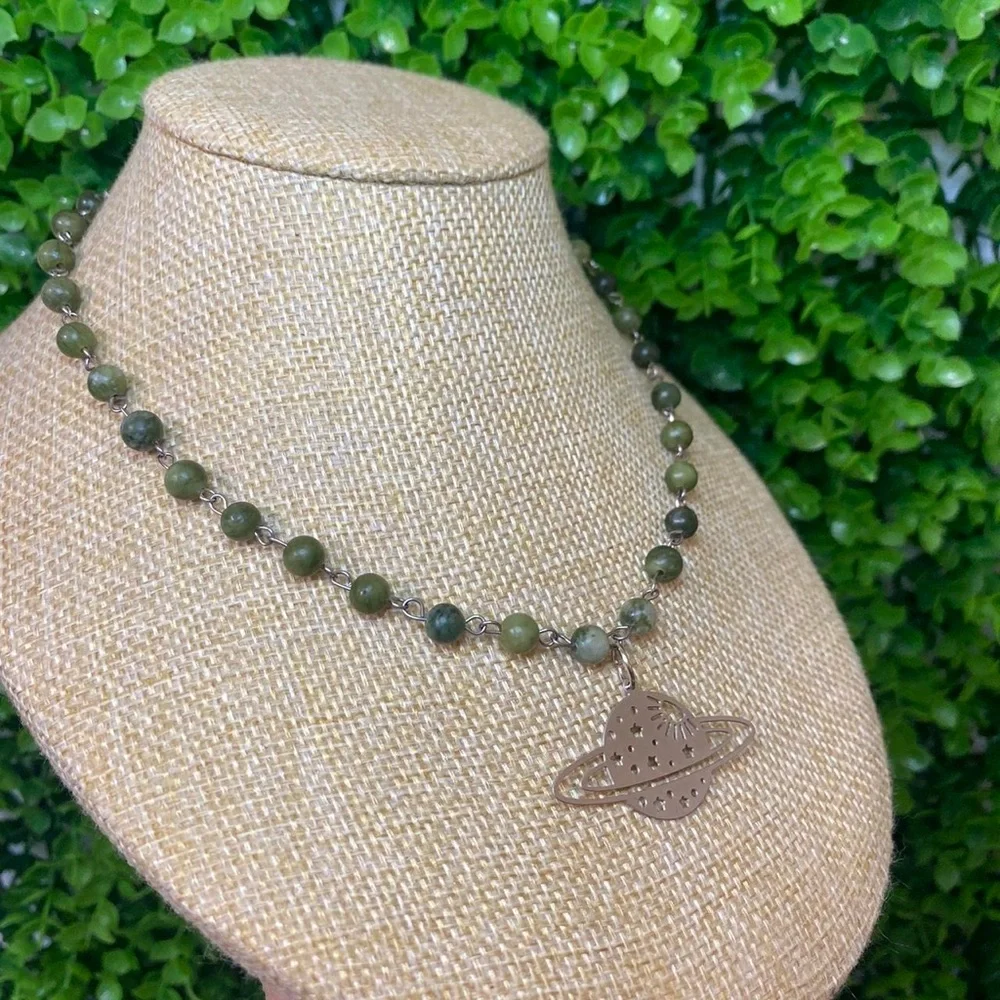 Green Jade Necklace with Planet Pendant